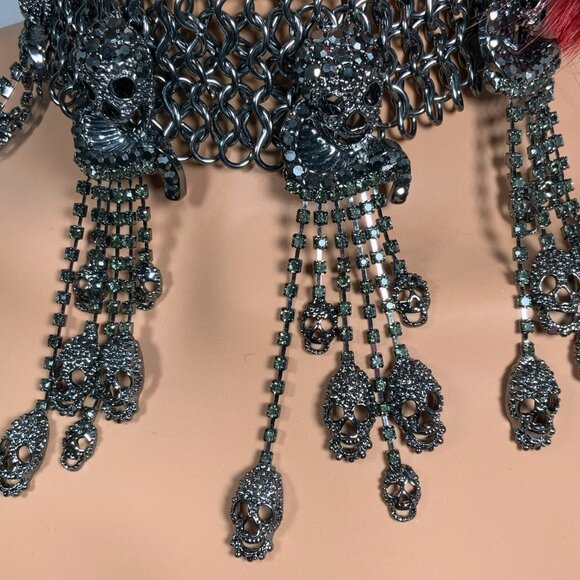 Natasha Gunmetal Pave Bib Statement Necklace Skulls Chainmail Choker Goth - Picture 9 of 17